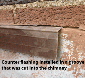 Chimney-Flashing installed in a groove that was cut into the chimney. Chimney Flashing Slotted into Bricks - Texas