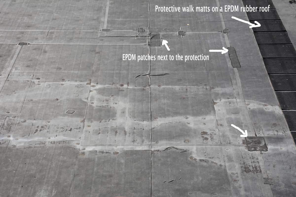 EPDM Rubber and Torch Down Rubber - The patches are an indication of an EPDM Rubber Roof failing prematurely.