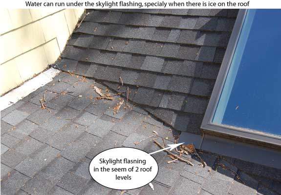 flat-roof-repair-leak - The design of this roof is also bad. When you see a corner of a skylight flashing in a valley