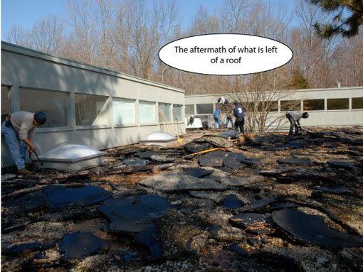 Step 2 - Breaking up the old roof. Commercial Flat roof repair - removing old roofing material takes a lot of effort. After lifting and breaking the old roofing up, it is thrown into a dumpster.