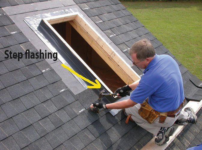 You will see the first step flashing metal as he installs the shingles around the skylight.