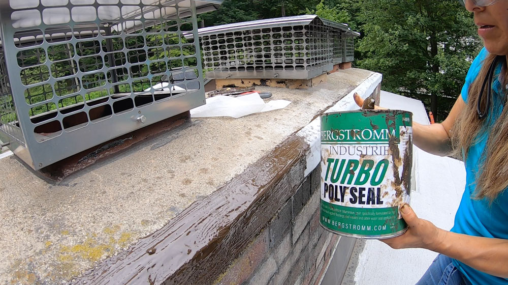 Using Turbo Poly Seal  to repair the flashing on a chimney